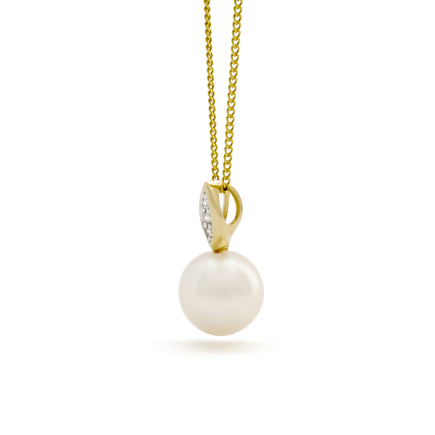 Parelhanger met ketting, geelgoud, diamant