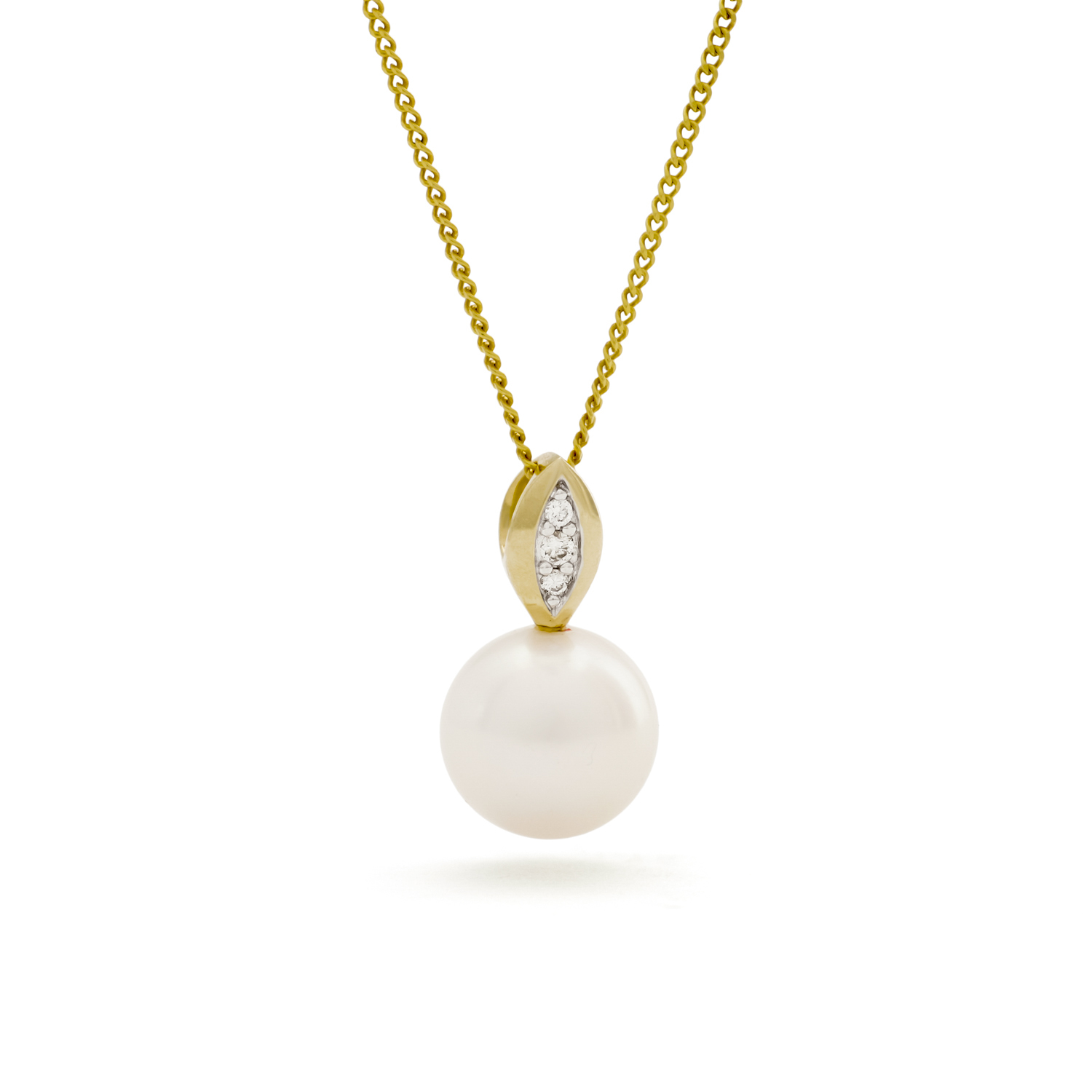 Parelhanger met ketting, geelgoud, diamant