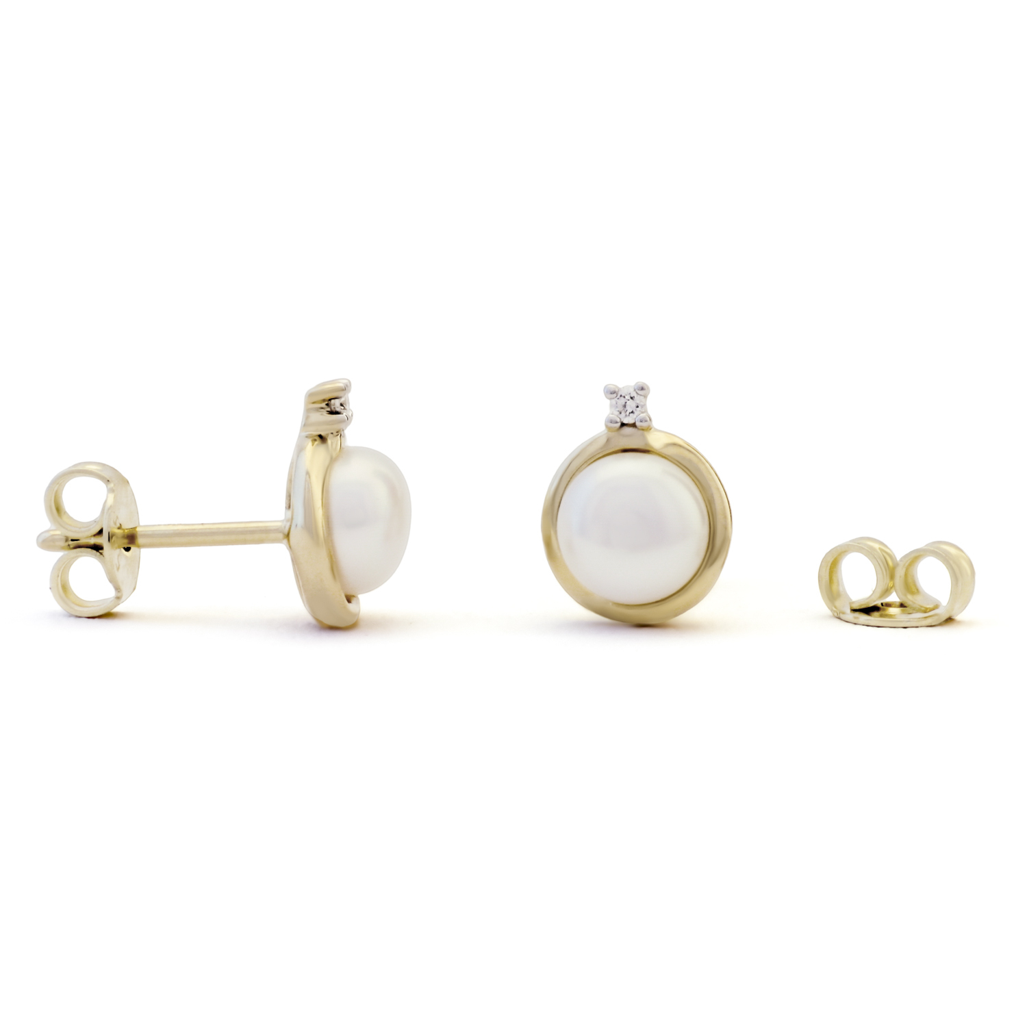 Peggy pareloorknoppen, geelgoud, zoetwaterparel, diamant