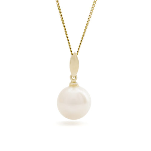 Stephanie parelhanger met ketting, geelgoud, ronde zoetwaterparel
